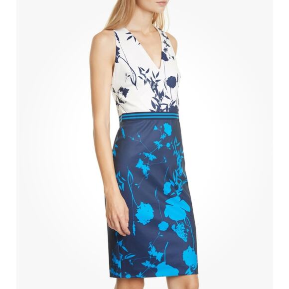 TED BAKER TILLIAI BLUEBELL NAVY AND CREAM BODYCON DRESS W SUSPENDERS SZ 3 US8-10 - Picture 1 of 14
